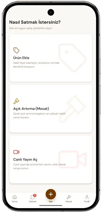 Ürün ekle, açık artırma ve canlı yayın satış seçenekleri
