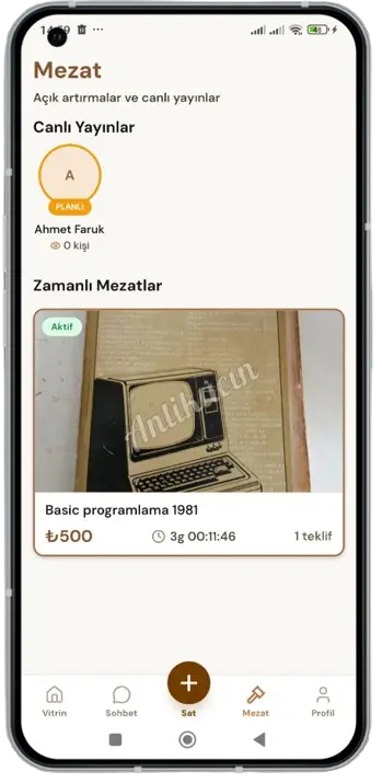 Zamanlı mezatlar ve canlı yayınlar ekranı